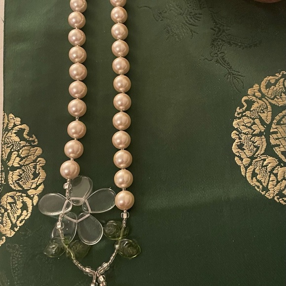 Artisan glass Cherry drops & faux pearls green glass leafs & flower 925 toggle - Picture 7 of 9